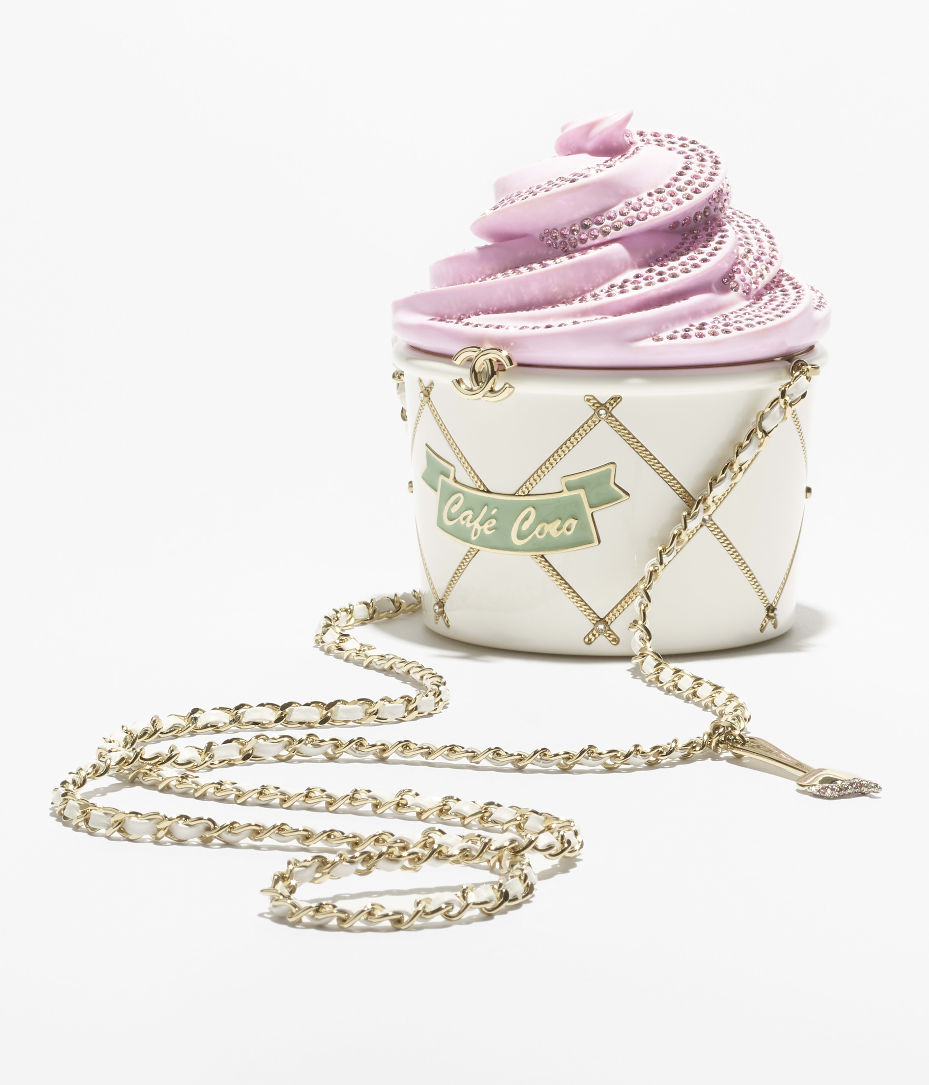 Ice cream minaudiere, Plexi, strass & gold-tone metal, white, pink
