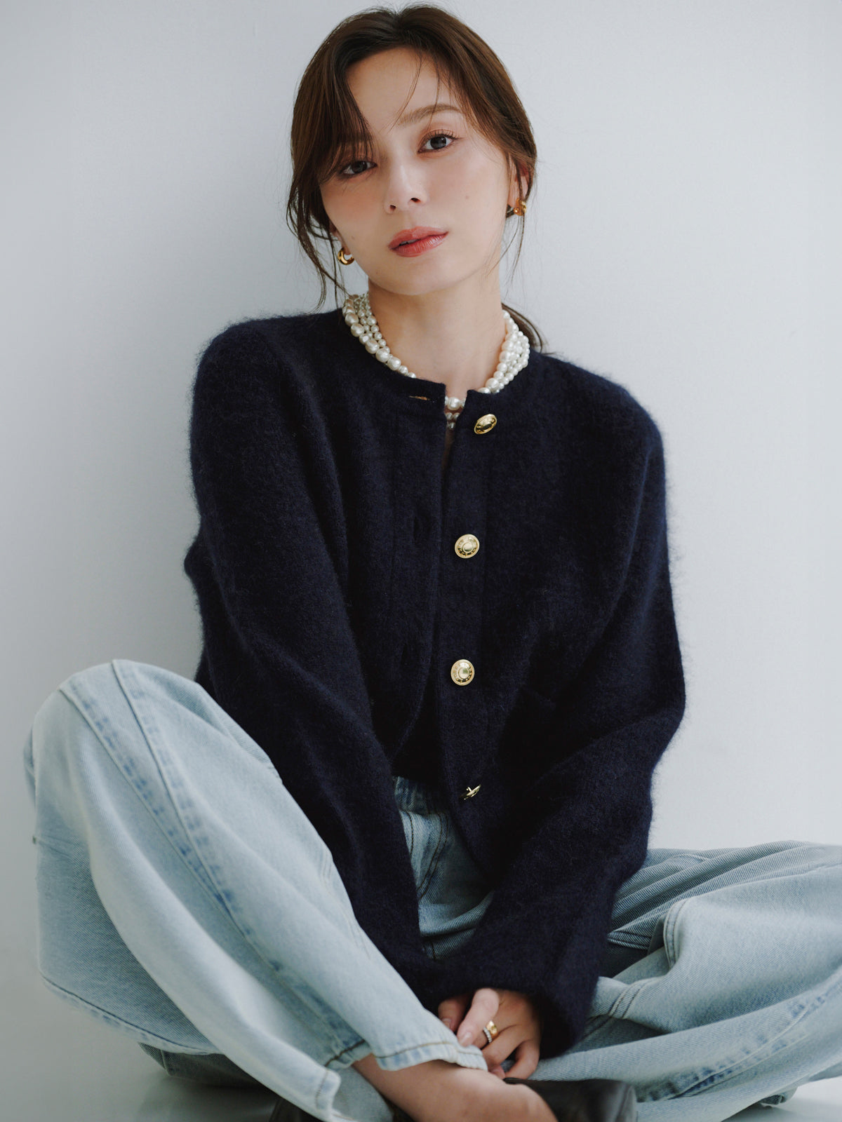 カシミヤブレンドノーカラーニットジャケット