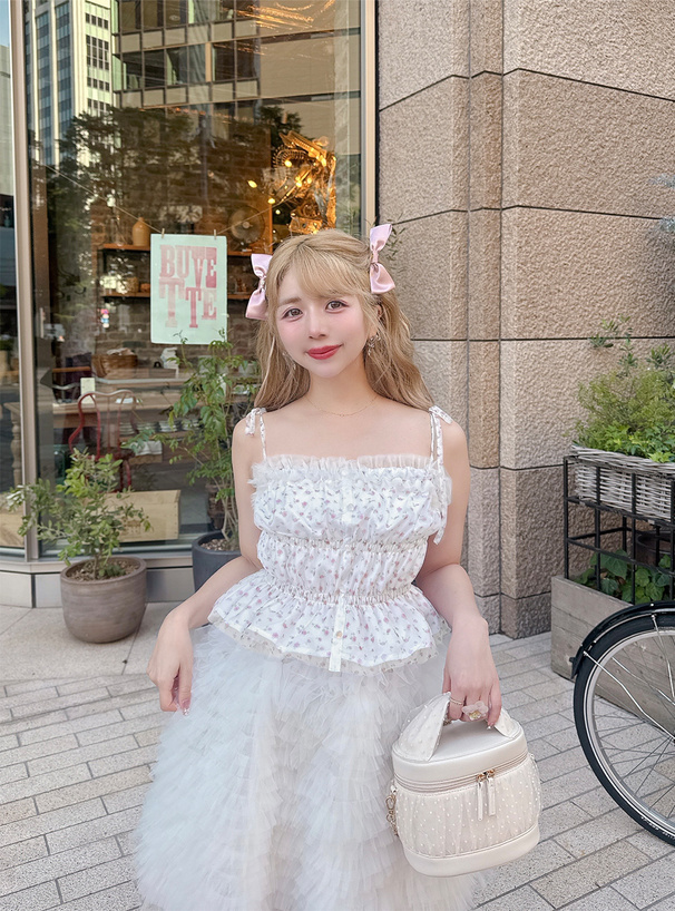 花柄チュールリボンストラップペプラムキャミソール[dk1526