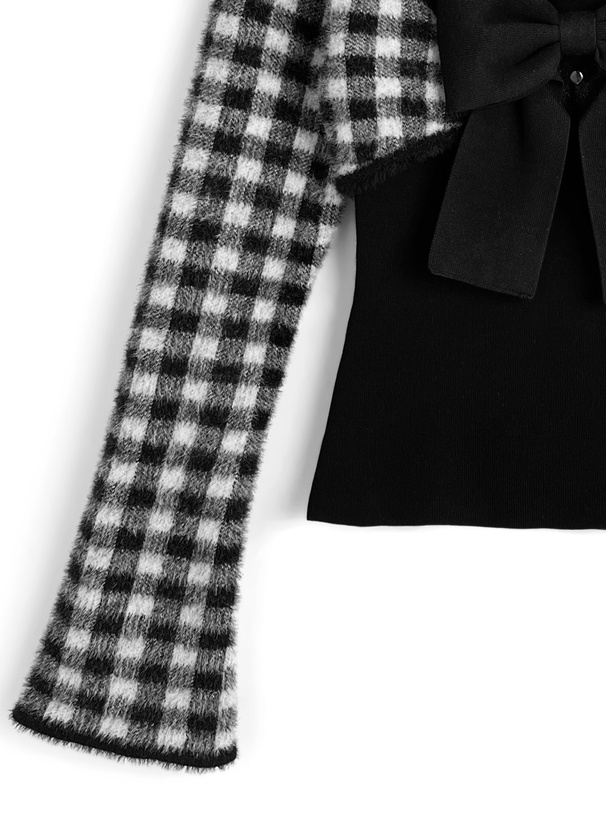 チェック柄シャギーボレロ×ホルターネックリボンキャミソールニット