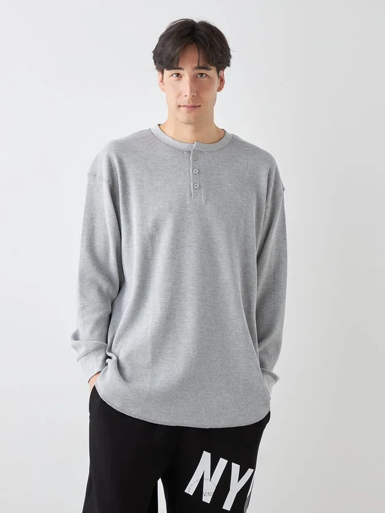 L．グレー 【EL.FO】無地ワッフル編みヘンリーネック長袖Tシャツ