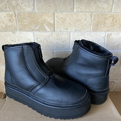 UGG ULTRA BLACK MATTE NEUMEL PLATFORM ZIP LEATHER WOOL BOOTS SIZE