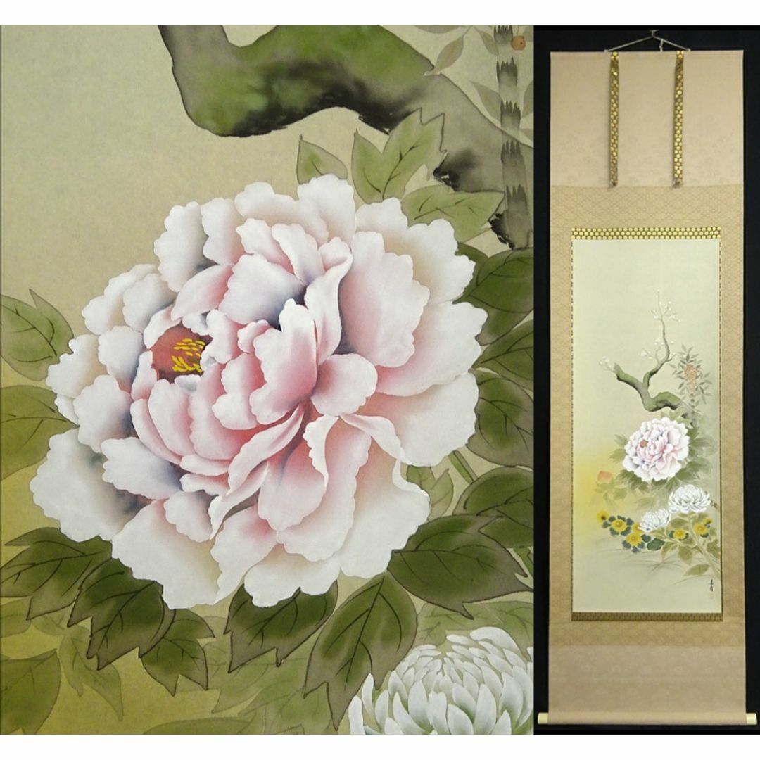 真作】掛軸 植田春甫『四季花図』絹本 肉筆 共箱付 掛け軸 a041713の