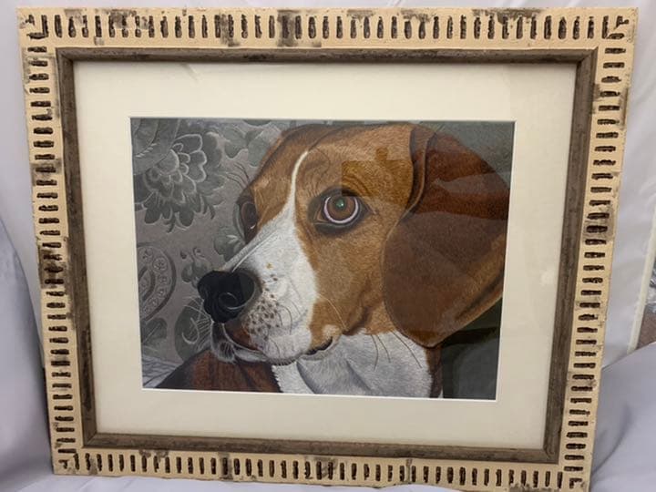 ビーグル　額装刺繍絵画 鷹 松 刺繍 絵画 アート 昭和レトロ 影掛け 壁飾り 額縁 額装 額付