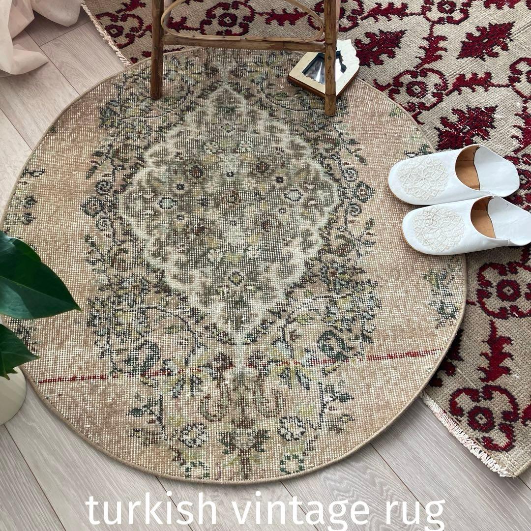 キャラメルベージュ89×84グレー メダリオン ラウンド トルコ